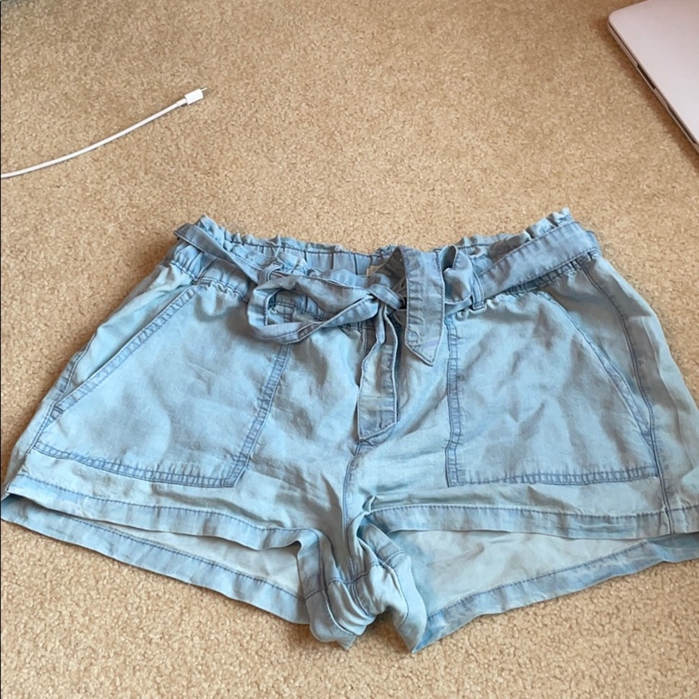Light blue paper bag shorts
